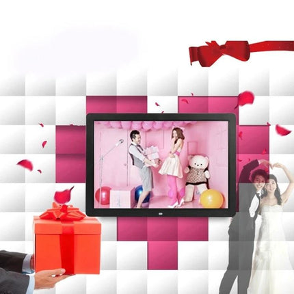 Large 17-Inch Digital Photo Frame for Photos and Media Playback showing family photos, music playback, clock and calendar features