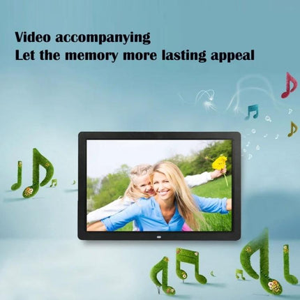 Large 17-Inch Digital Photo Frame for Photos and Media Playback displaying family photo with music icons and playback features