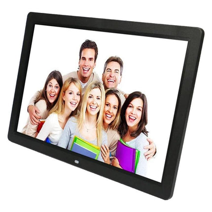 Large 17-Inch Digital Photo Frame for Photos and Media Playback showing smiling family photos on screen with LED display and memory card support