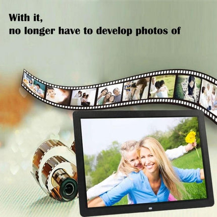 Large 17-Inch Digital Photo Frame for Photos and Media Playback showing family photo on LED screen with filmstrip and memory roll