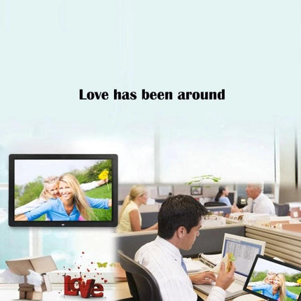 Large 17-Inch Digital Photo Frame for Photos and Media Playback showing family slideshow with music in home and office setting
