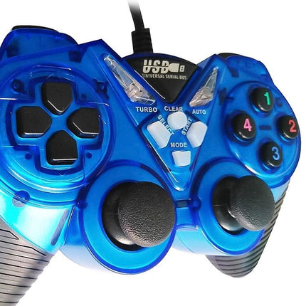 White Wired USB Gamepad with Vibration for Windows PC Gaming - blue translucent wired controller with dual analog sticks and numbered face buttons