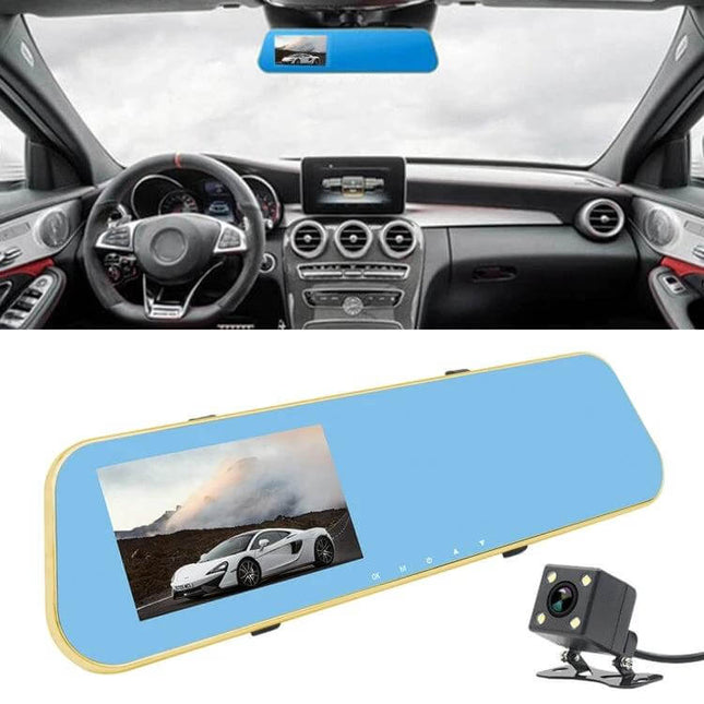 Vehicle DVR with Dual Cameras for Driving Footage Recording rearview dash mirror with built-in screen and external backup camera, Full HD 1080P dual 140° lenses