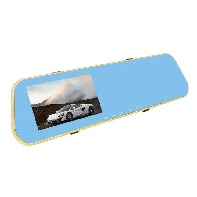 Vehicle DVR with Dual Cameras for Driving Footage Recording showing mirror-style dashcam with 1080P display and dual 140° wide-angle lenses