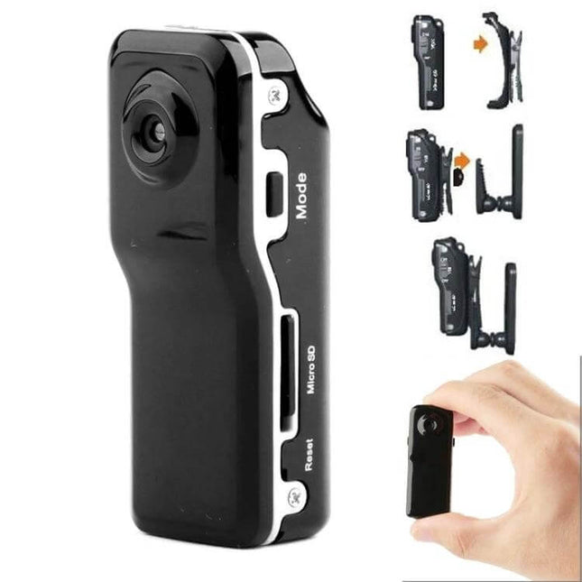 Compact Mini Digital Video Camera for Everyday Portable Recording - pocket-sized black camera with mode and micro SD slots, hand-held