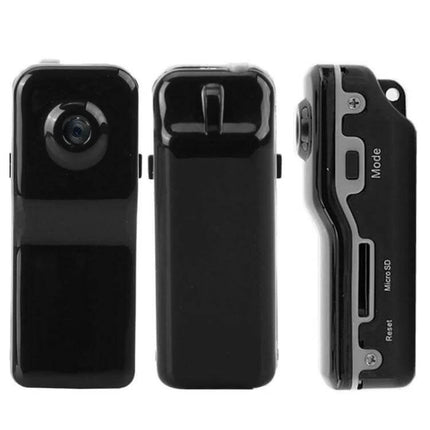 Compact Mini Digital Video Camera for Everyday Portable Recording showing front, back, and side views of small black pocket camera with lens and MicroSD slot