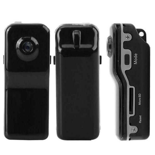 Compact Mini Digital Video Camera for Everyday Portable Recording black pocket-size camera showing front, back and side with lens and mode/SD slots