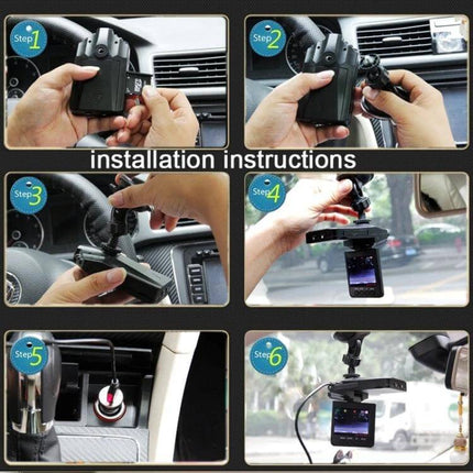 Handheld 2.5-Inch Screen Video Recorder for Everyday Use shown mounted in car with step-by-step installation images