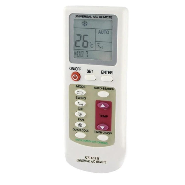 Universal Infrared Remote for Most Air Conditioner Models white universal A/C remote with display and buttons