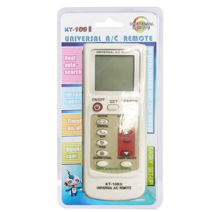 Universal Infrared Remote for Most Air Conditioner Models white universal A/C remote in packaging with LCD and buttons