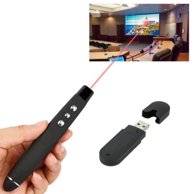 Wireless Presentation Remote with Laser Pointer Control in hand pointing at conference screen with USB receiver