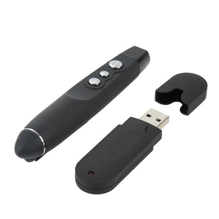 Wireless Presentation Remote with Laser Pointer Control - black presenter remote with USB receiver, slide buttons and laser pointer