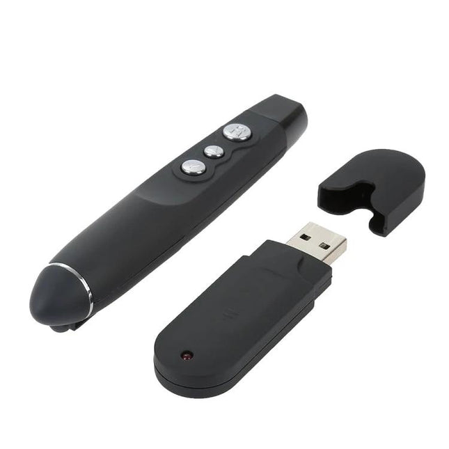Wireless Presentation Remote with Laser Pointer Control - black presenter remote with USB receiver, slide buttons and laser pointer