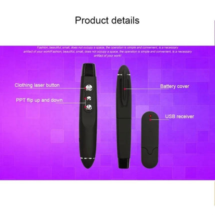 Wireless Presentation Remote with Laser Pointer Control shown with buttons, battery cover and USB receiver on purple product details background