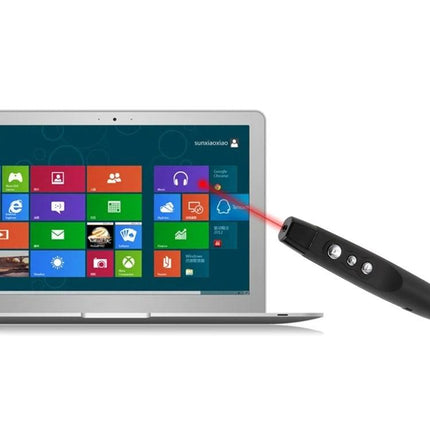 Wireless Presentation Remote with Laser Pointer Control pointing red laser at laptop screen showing presentation tiles