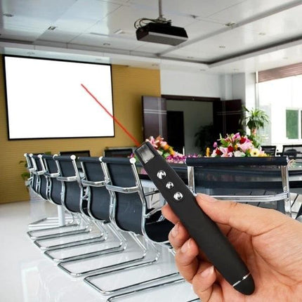 Wireless Presentation Remote with Laser Pointer Control in hand pointing at presentation screen in conference room
