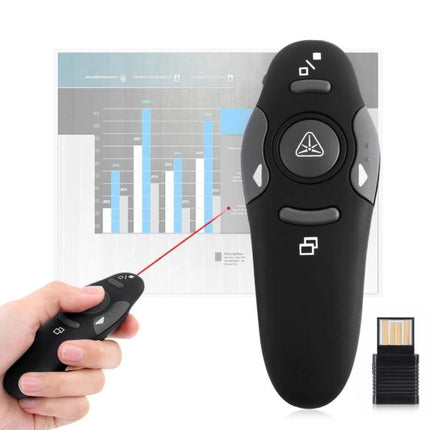 Wireless Presenter with Laser Pointer and USB Receiver - black RF 2.4GHz remote showing red laser on presentation slides