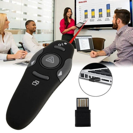 Wireless Presenter with Laser Pointer and USB Receiver used by presenter controlling slides in a meeting with USB receiver shown