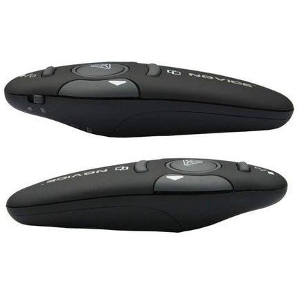 Wireless Presenter with Laser Pointer and USB Receiver shown from two side angles, black ergonomic RF 2.4GHz remote for slides