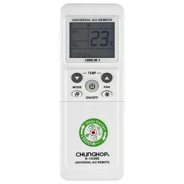 Chunghop Universal Remote for Multiple Air Conditioners white universal AC remote with LCD displaying 23°C and buttons