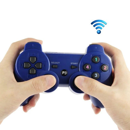 Essential Controller for Home PS3 Gaming Sessions blue wireless controller held in hands on white background