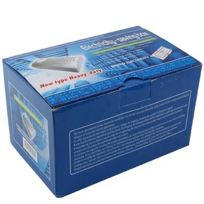 Intelligent Digital Energy Saving Device for Home Use - blue retail box packaging showing device image, energy-saving household voltage stabilizer