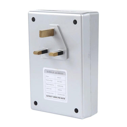 Intelligent Digital Energy Saving Device for Home Use white plug-in voltage stabilizer with three-prong UK-style plug and label