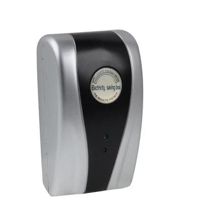 Energy Saving Device for Home Power Protection with Plugs compact silver-black plug-in unit for stabilizing voltage and reducing household energy use