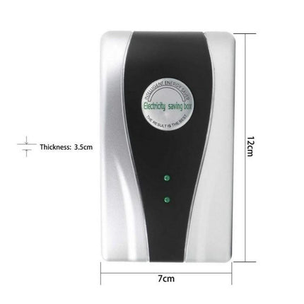 Energy Saving Device for Home Power Protection with Plugs compact plug-in unit front view with LED indicators and product dimensions
