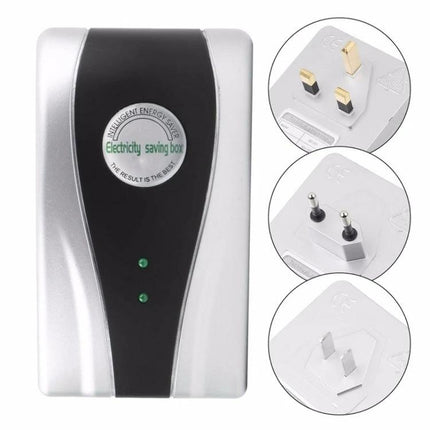 Energy Saving Device for Home Power Protection with Plugs white and black plug-in unit with multiple plug types and LED indicators
