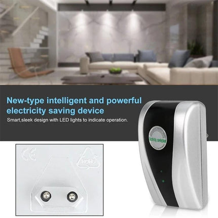 Energy Saving Device for Home Power Protection with Plugs compact plug-in unit shown next to modern living room, LED indicator lights visible