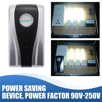 Energy Saving Device for Home Power Protection with Plugs compact plug-in unit shown next to lit household bulbs and meters demonstrating power factor and energy savings