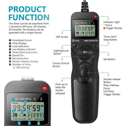 Aputure LCD Timer Remote Cord for Nikon DSLR Photography showing buttons, LCD screen and labeled functions