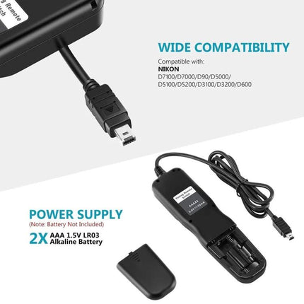 Aputure LCD Timer Remote Cord for Nikon DSLR Photography - remote cord with battery compartment shown, wide compatibility and power supply details