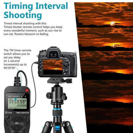 Aputure LCD Timer Remote Cord for Nikon DSLR Photography connected to camera on tripod for timing interval shooting and long exposures
