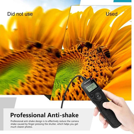 Aputure LCD Timer Remote Cord for Nikon DSLR Photography handheld showing anti-shake long exposure control with sunflower macro comparison