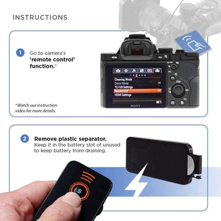 Wireless Infrared Remote Control for Sony Digital Cameras showing camera menu and removing remote battery separator