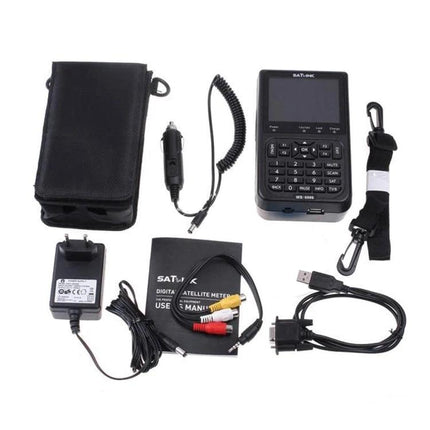Satlink Portable Satellite Finder with 3.5 Inch LCD Screen and accessories laid out for satellite dish installation