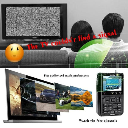 Satlink Portable Satellite Finder with 3.5 Inch LCD Screen handheld signal meter showing TV channels and alignment graphics for dish setup