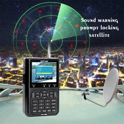 Satlink Portable Satellite Finder with 3.5 Inch LCD Screen handheld unit showing LCD readout next to roof dish under radar-style signal display