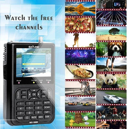 Satlink Portable Satellite Finder with 3.5 Inch LCD Screen showing device with 3.5-inch color LCD and keypad next to sample channel thumbnails