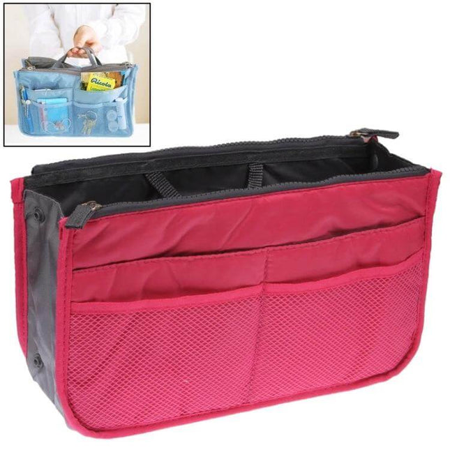 Double Zipper Cosmetic Bag for Daily Makeup 27.5x16.5x7.5 cm red nylon organizer with mesh pockets and two zip compartments