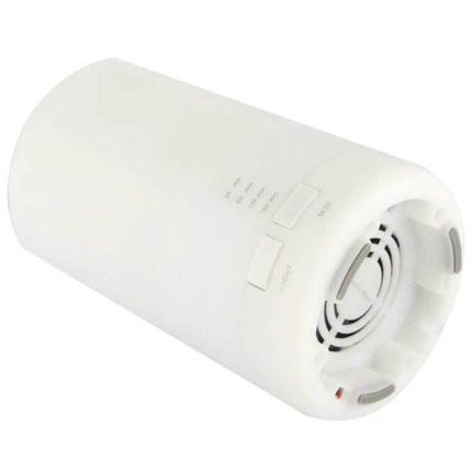 Mini USB Aroma Diffuser With Warm White LED Lights compact white cylindrical diffuser on its side showing control buttons and vent