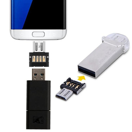 Compact Adapter for Reading USB Drives on Your Smartphone connected to phone and USB flash drive for on-the-go file access