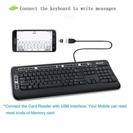 Compact Adapter for Reading USB Drives on Your Smartphone connected to a smartphone with keyboard and USB flash drive for file access on the go