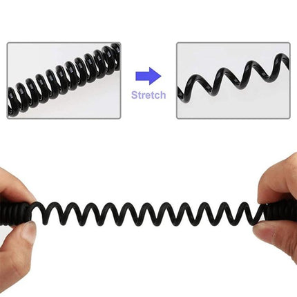 Coiled Micro USB Cable for Daily Device Charging and Syncing - black coiled cable stretching to extend length, tangle-free charging and syncing