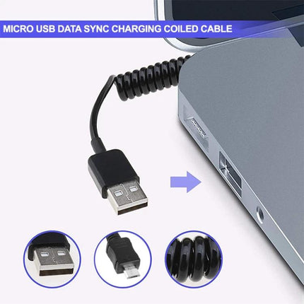 Coiled Micro USB Cable for Daily Device Charging and Syncing - black coiled cable plugged into laptop USB for tidy charging and syncing