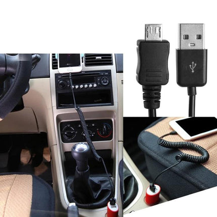 Coiled Micro USB Cable for Daily Device Charging and Syncing in-car setup showing coiled cord plugged into USB and phone