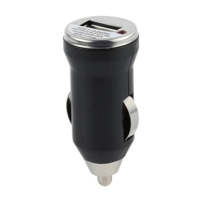 USB Car Charger 5V 1A With LED Indicator For Mobile Phones On The Go - compact black car USB charger with LED, fits 12–24V cigarette lighter