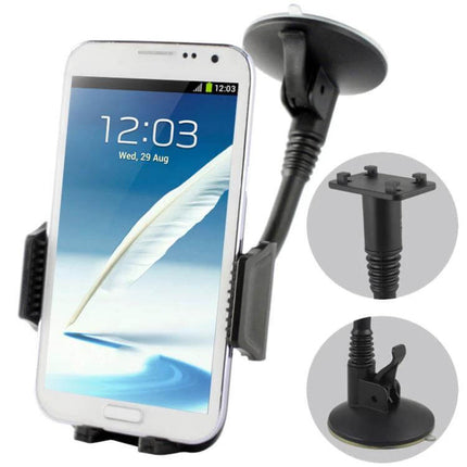 Phone Holder for 4.5-6.3 Inch Phones, Flexible Angle Mount showing a phone in a suction-cup car mount with flexible arm